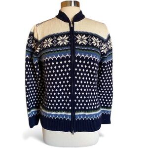 Lands’ End Fair Isle Nordic Wool Blend Full Zip Sweater Jacket women’s M